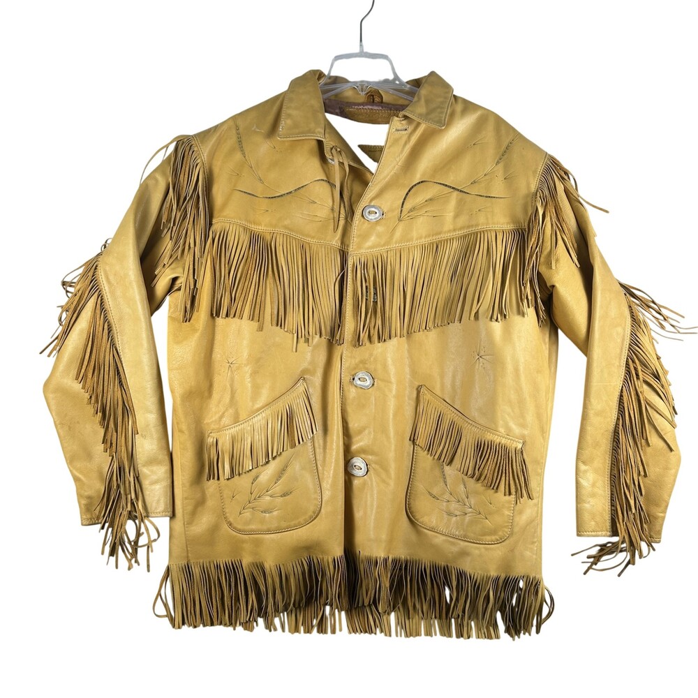 Vintage Du Sault Leather Coat Mens XL Fringe Western Deerskin Sherpa Native USA